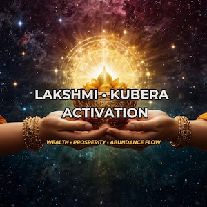 Puede incluir: Un cuenco dorado lleno de capullos de loto amarillos sostenido por dos manos con brazaletes de oro ornamentados. El texto dice LAKSHMI KUBERA ACTIVATION y WEALTH PROSPERITY ABUNDANCE FLOW sobre un fondo cósmico oscuro y estrellado con luz.