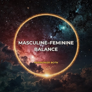 May include: An image with a cosmic background featuring a glowing golden ring. The text "MASCULINE-FEMININE BALANCE" is centered within the ring, with "HARMONIZE BOTH" below. The background shows a nebula with shades of red, blue, and white.