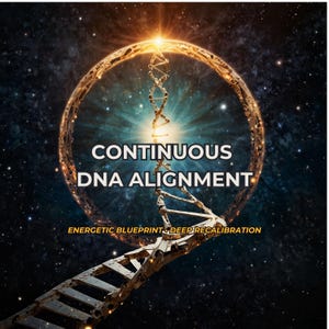 May include: A digital graphic featuring a glowing golden DNA double helix structure rising toward a circular portal against a dark starry space background. The text reads CONTINUOUS DNA ALIGNMENT and ENERGETIC BLUEPRINT DEEP RECALIBRATION.
