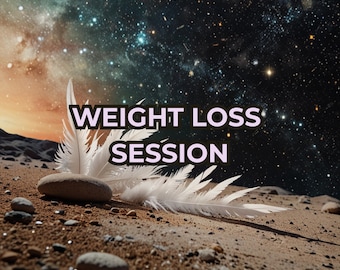 May include: An artistic image with the words "WEIGHT LOSS SESSION" in white, set against a cosmic background. White feathers and smooth stones are on a sandy surface, creating a serene and motivational visual.