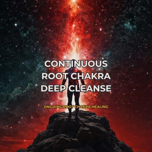 Op de afbeelding: Een silhouet van een menselijke figuur op een rotsachtige klif tegen een levendige rode en zwarte nevelachtergrond. De tekst luidt CONTINUOUS ROOT CHAKRA DEEP CLEANSE in grote witte letters en ONGOING ROOT CHAKRA HEALING in kleine gele letters.