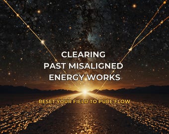 May include: A road at sunset with a bright light ahead, under a starry sky. The image includes the text "Clearing Past Misaligned Energy Works" and "Reset Your Field to Pure Flow".