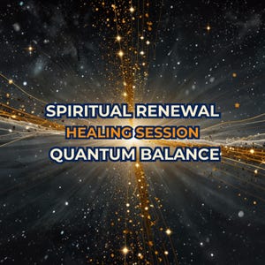 Könnte beinhalten: Ein Bild mit dunklem Hintergrund und kosmischem Design mit hellen, goldenen Linien und Lichtpunkten. Der Text "SPIRITUAL RENEWAL", "HEALING SESSION" und "QUANTUM BALANCE" ist in Blau und Orange dargestellt.