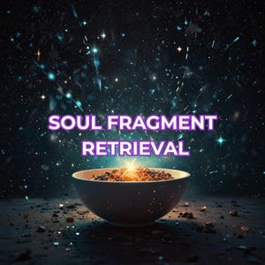 May include: A white bowl filled with a mixture of dried herbs and glowing golden light, set against a dark, starry background. The text SOUL FRAGMENT RETRIEVAL is displayed in purple letters above the bowl, surrounded by floating blue sparkles.
