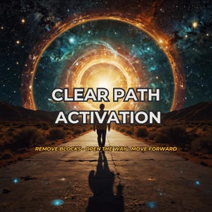 May include: A digital illustration featuring a person walking down a cracked path toward a glowing, circular cosmic portal. The text CLEAR PATH ACTIVATION is centered, with REMOVE BLOCKS • OPEN THE WAY • MOVE FORWARD printed in yellow below.