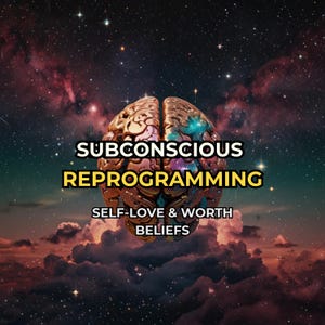 May include: A digital artwork showing a brain graphic with the text "SUBCONSCIOUS REPROGRAMMING" and "SELF-LOVE & WORTH BELIEFS". The background is a starry sky and clouds, creating a cosmic and motivational theme.