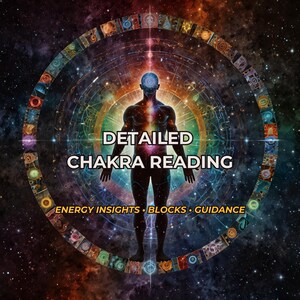 May include: A digital illustration of a human silhouette centred against a cosmic background with a circular border of colourful symbols. The text reads DETAILED CHAKRA READING and ENERGY INSIGHTS • BLOCKS • GUIDANCE in white and yellow.