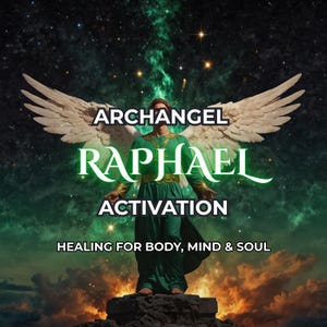 Peut inclure: Image avec le texte "Archangel Raphael Activation" en blanc et vert, représentant une figure en robe verte et de grandes ailes blanches. Le texte "Healing for Body, Mind & Soul" est en bas, sur un fond étoilé vert et noir.