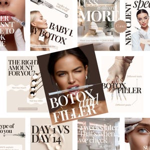 May include: A collage of images promoting Botox and filler treatments. The images feature syringes, close-ups of faces, and text such as "Baby Botox," "Botox and Filler," and "The Right Amount For You?" The overall aesthetic is modern and clean.