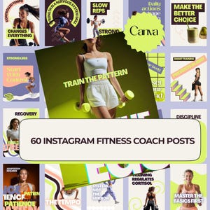 May include: A digital collection of 60 Instagram fitness coach posts featuring various athletic imagery, motivational text overlays, and exercise graphics in a lime green and purple color palette, centered around a central Canva branded graphic.