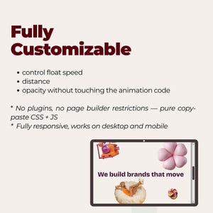 K&ouml;nnte beinhalten: Eine digitale Grafik mit dem Text Fully Customizable, control float speed, distance und opacity without touching the animation code. Es wird auf fehlende Plugins, keine Page-Builder-Einschr&auml;nkungen und responsives Design hingewiesen.