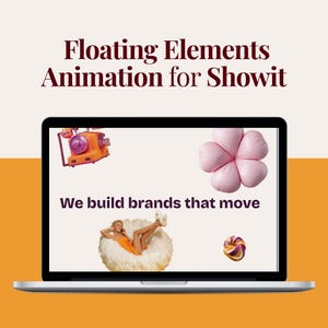 May include: A laptop screen displays the text Floating Elements Animation for Showit and We build brands that move. The screen features a collage of an orange rotary phone, a pink flower, a person in an orange dress on a white chair, and a bagel.