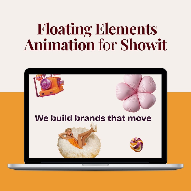 K&ouml;nnte beinhalten: Ein Laptop-Bildschirm zeigt den Text Floating Elements Animation for Showit und We build brands that move. Der Bildschirm zeigt eine Collage aus einem orangefarbenen Telefon, einer rosa Blume, einer Person in orangefarbenem Kleid und einem Bagel.