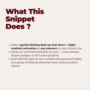 K&ouml;nnte beinhalten: Eine digitale Infografik mit dunkelrotem Text auf hellem Hintergrund. Die &Uuml;berschrift lautet What This Snippet Does? Sie listet Funktionen f&uuml;r ein Showit-Animations-Tool auf, einschlie&szlig;lich schwebender Effekte f&uuml;r Symbole, Fotos und Formen.