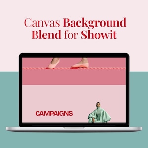 Może przedstawiać: Ekran laptopa wyświetlający cyfrowy szablon projektu zatytułowany Canvas Background Blend for Showit. Ekran pokazuje różowe tło z linoskoczkiem, słowo CAMPAIGNS w kolorze czerwonym oraz osobę ubraną w jasną zieloną marynarkę.