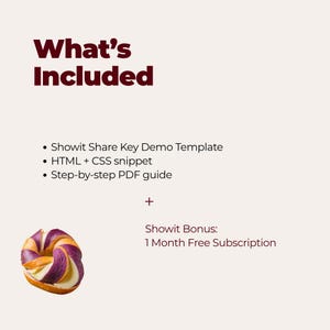 K&ouml;nnte beinhalten: Eine digitale Produktauflistung mit dem Titel What's Included, bestehend aus einer Showit Share Key Demo-Vorlage, einem HTML + CSS-Schnipsel und einer Schritt-f&uuml;r-Schritt-PDF-Anleitung. Ein Bonus enth&auml;lt ein einmonatiges Gratis-Abo und ein Bagel-Bild.