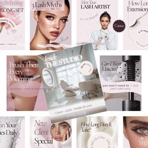 Könnte beinhalten: Eine Collage von Werbebildern für ein Wimpernstudio. Die Bilder zeigen Texte wie "3 Wimpern-Mythen", "Treffen Sie Ihren Wimpernstylisten" und "Im Studio". Das Farbschema ist hauptsächlich rosa und weiß, mit Bildern von Frauen und Wimpernprodukten.