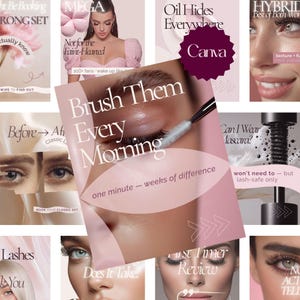 May include: A collage of beauty-themed graphics featuring close-up photography of eyes with long eyelashes, mascara wands, and text overlays including Brush Them Every Morning, one minute - weeks of difference, and Can I Wear Mascara?