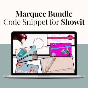 Może przedstawiać: Ekran laptopa wyświetlający Marquee Bundle Code Snippet for Showit, prezentujący kolaż cyfrowych projektów, w tym skuter, produkty do pielęgnacji skóry oraz napisy takie jak French recipe, colorful days i what your skin type actually.