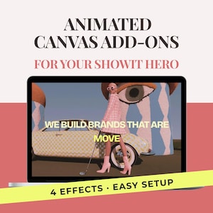 May include: A laptop screen displays a digital graphic with the text ANIMATED CANVAS ADD-ONS FOR YOUR SHOWIT HERO, WE BUILD BRANDS THAT ARE MOVE, and 4 EFFECTS EASY SETUP. The screen shows a person in a pink outfit standing by a yellow checkered car.