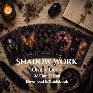 May include: An oracle deck with the words "SHADOW WORK" in large white letters. The deck includes cards with illustrations of figures and the words "The Shadow Gift", "People Pleasing", and "Boundaries". The image also includes a lit candle and a bowl of rose petals.