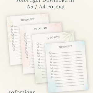Puede incluir: Cuatro listas de tareas imprimibles con fondos de acuarela en rosa, melocotón, azul y verde. El texto "TO DO LISTE" está en la parte superior de cada lista. El texto "sofortiger Download in A5 / A4 Format" está en la parte superior de la imagen. El texto "DOWNLOAD" está en la parte inferior de la imagen.