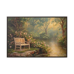 Vintage Garden Pond Oil Painting, Traditional Abstract Art Print, Botanical Landscape Prints, Impressionist Sage Green Wall Decor