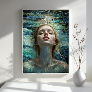 Diving Oil Painting, Diving Wall Art, Swimming Girl, Painting Blue, Abstract Art Diving in ocean, Sensual Woman Swimming