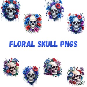 Floral Skull Clipart Bundle, Skull Png Designs, Floral Clipart, Flowers, Transparent Background, Sublimation Graphics, Digital Download