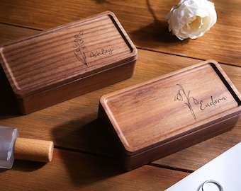 Joyero de madera personalizado, regalo para dama de honor, organizador de joyas de madera, joyero de madera con flor de nacimiento personalizada, regalo personalizado para ella