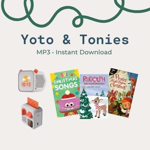 Puede incluir: Un reproductor de audio digital y un reproductor de audio basado en tarjetas con tres tarjetas rectangulares con ilustraciones navideñas y texto que incluye Christmas Songs, Rudolph the Red-Nosed Reindeer y A Pirate's Night Before Christmas.
