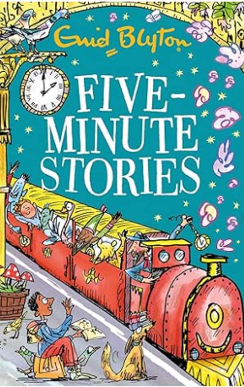 May include: A children's book cover featuring a red train with passengers and a smiling engine. The title "FIVE-MINUTE STORIES" is displayed on a teal background, with the author's name, Enid Blyton, at the top. The illustration has a whimsical, cartoon style.