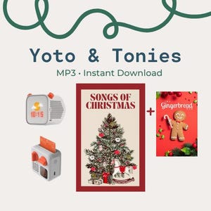 Puede incluir: Una imagen con un reproductor Yoto blanco y naranja y un reproductor Yoto Mini, además de una portada de álbum navideño y una tarjeta de hombre de jengibre. La portada del álbum dice "Songs of Christmas" con un árbol de Navidad decorado. La tarjeta del hombre de jengibre dice "The Gingerbread Man".