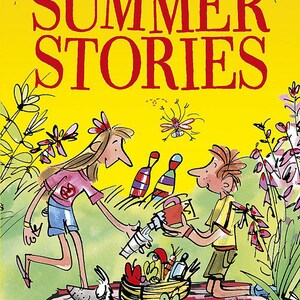 May include: A book cover illustration for "Summer Stories" by Enid Blyton. The image features a bright yellow background with the title in large red letters. Two children are depicted with a dog, picnic basket, and cake. The illustration has a whimsical, cartoon style.