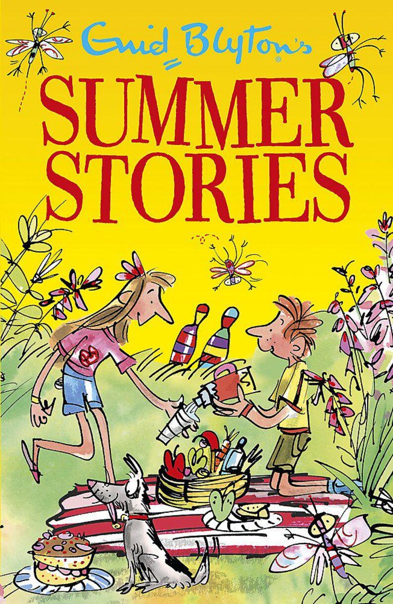 May include: A book cover illustration for "Summer Stories" by Enid Blyton. The image features a bright yellow background with the title in large red letters. Two children are depicted with a dog, picnic basket, and cake. The illustration has a whimsical, cartoon style.