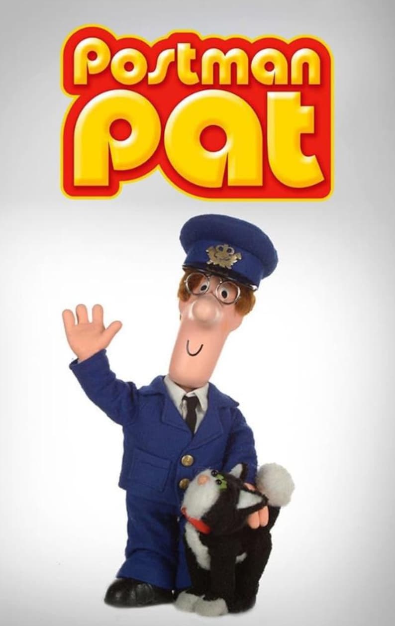 May include: A figure of Postman Pat, wearing a blue uniform and hat, waving with his right hand. He has glasses and a long nose. A black and white cat is at his feet. The words "Postman Pat" are in yellow letters above.