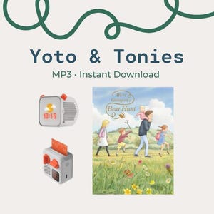Op de afbeelding: Een productafbeelding met een witte en oranje digitale klok en een kleine luidspreker. De afbeelding bevat ook een illustratie van een boekomslag met de tekst "We're Going on a Bear Hunt". De tekst "Yoto & Tonies" staat bovenaan.
