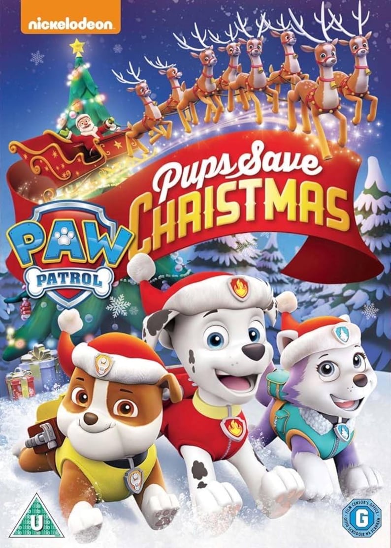 May include: DVD cover for "PAW Patrol: Pups Save Christmas" with cartoon dogs wearing Santa hats. The title is on a red banner, with reindeer and Santa's sleigh in the background. The Nickelodeon logo is in the upper left corner.
