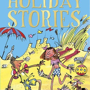 May include: A colorful illustration of a children's book cover titled "Enid Blyton's Holiday Stories." The image depicts a beach scene with cartoon figures, a beach umbrella, and various beach-related items. The background is a light blue sky.