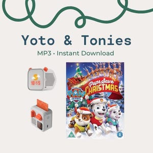 May include: An advertisement for "Yoto & Tonies" with the text "MP3 &bull; Instant Download." The image shows a digital clock, a card reader, and a DVD cover for "PAW Patrol: Pups Save Christmas."