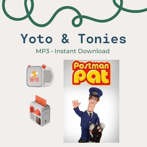 Könnte beinhalten: Ein Bild mit dem Text "Yoto & Tonies" und "MP3 • Sofort-Download". Es zeigt einen Cartoon von Postman Pat und zwei kleine, weiß-orangefarbene elektronische Geräte. Ein Gerät zeigt die Uhrzeit an.