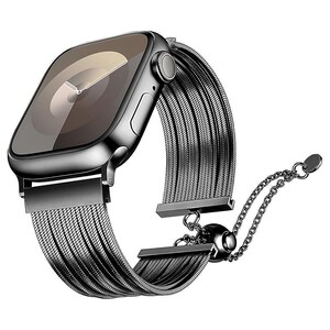 May include: A sleek, black smartwatch with a metallic band. The watch face displays a light-colored screen. The band is made of multiple strands of fine metal mesh, connected by rectangular bars and a chain closure.