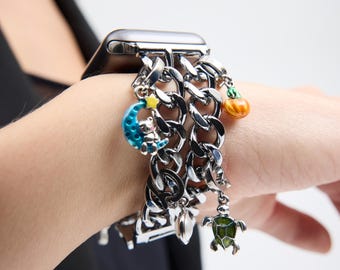 Silver Watch Bracelet, Personalized Charm Band, Adjustable, Compatible with All Apple Watch Sizes