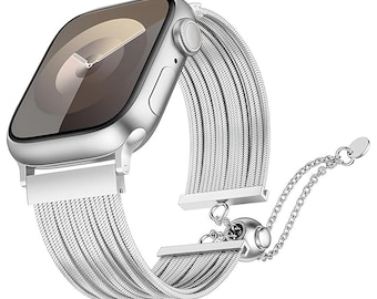 Silver Watch Band Compatible With Apple Watch, Adjustable Stainless Steel Bracelet, Compatible with Series 3 4 5 6 7 8 9 10 SE