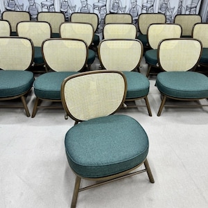 Rattan Lounge Chair with Upholstered Seat – Low Accent Chair with Wooden Frame for Boho or Vintage Interiors