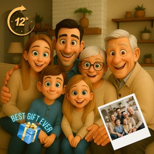 Portrait de famille personnalisé, portrait de style Pixar | Dessin animé 3D personnalisé à partir de la photo | Cadeau numérique pour la famille, les couples, les enfants et les animaux de compagnie