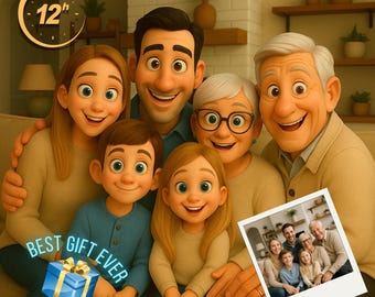 Custom Family portrait, Pixar Style Portrait | Personalized 3D Cartoon from Photo | Digital Gift for Family, Couples, Kids & Pets