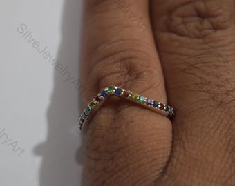 Anillo de plata con zafiro multicolor, anillo de plata de ley 925 con gema redonda, anillo de zafiro y anillo de compromiso, regalo para ella.