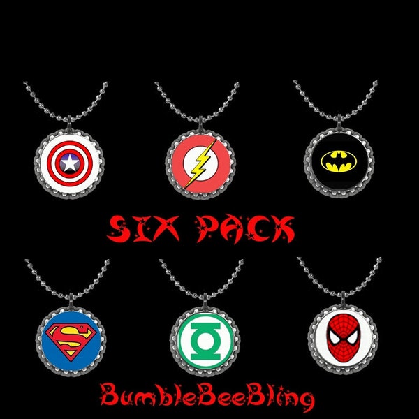 Superhero Party Favor Pack of SIX Pendant Necklaces or Zipper Pulls