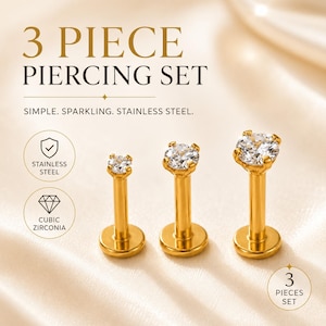 3 Piece Zircon Labret Stud Set, 16G Stainless Steel Cartilage Tragus Piercing